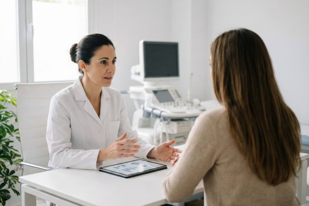Mujer habla con doctora en clínica de fertilidad