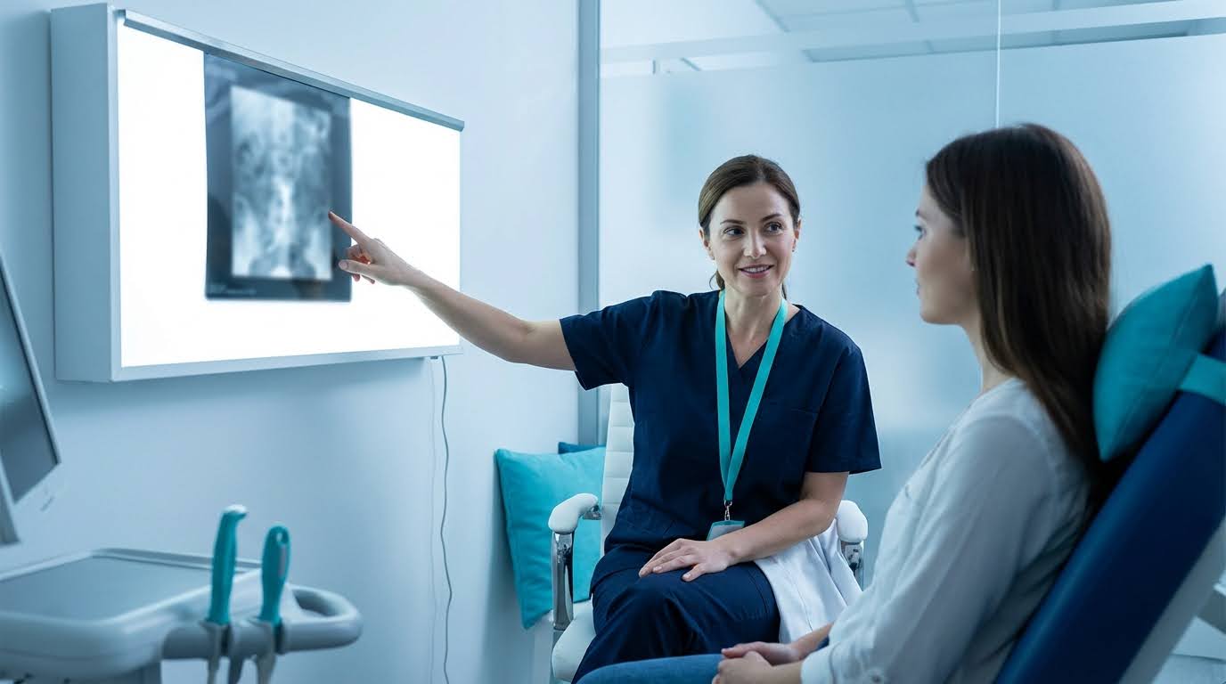 Ginecóloga mostrando resultados de histerosalpingografía en pantalla