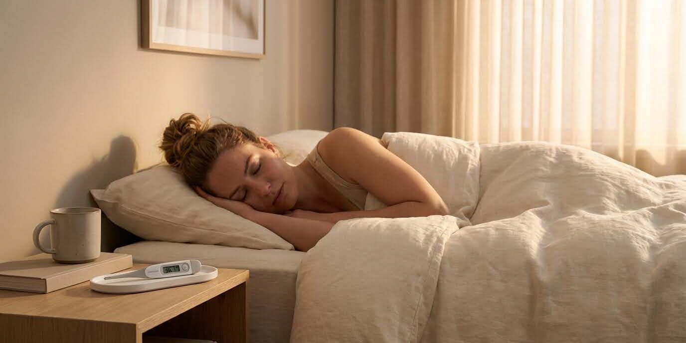 Mujer duerme con termómetro basal a su lado Mujer duerme con termómetro basal a su lado