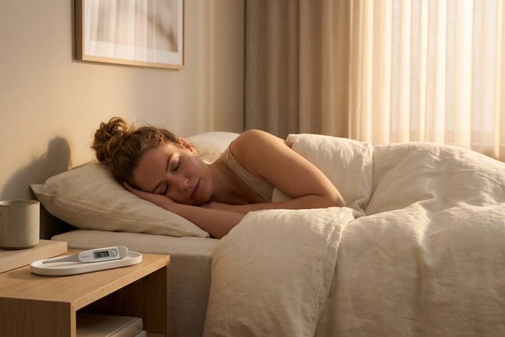 Mujer duerme con termómetro basal a su lado Mujer duerme con termómetro basal a su lado