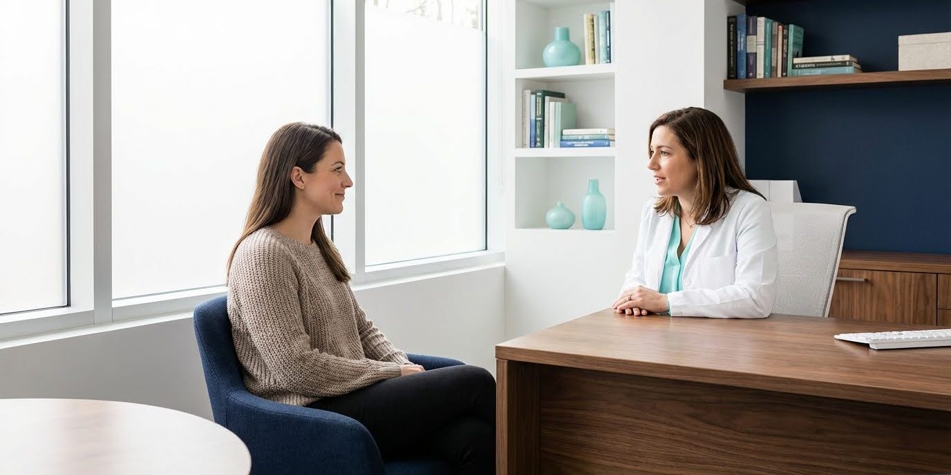 Mujer en consulta médica por trompas de falopio obstruidas