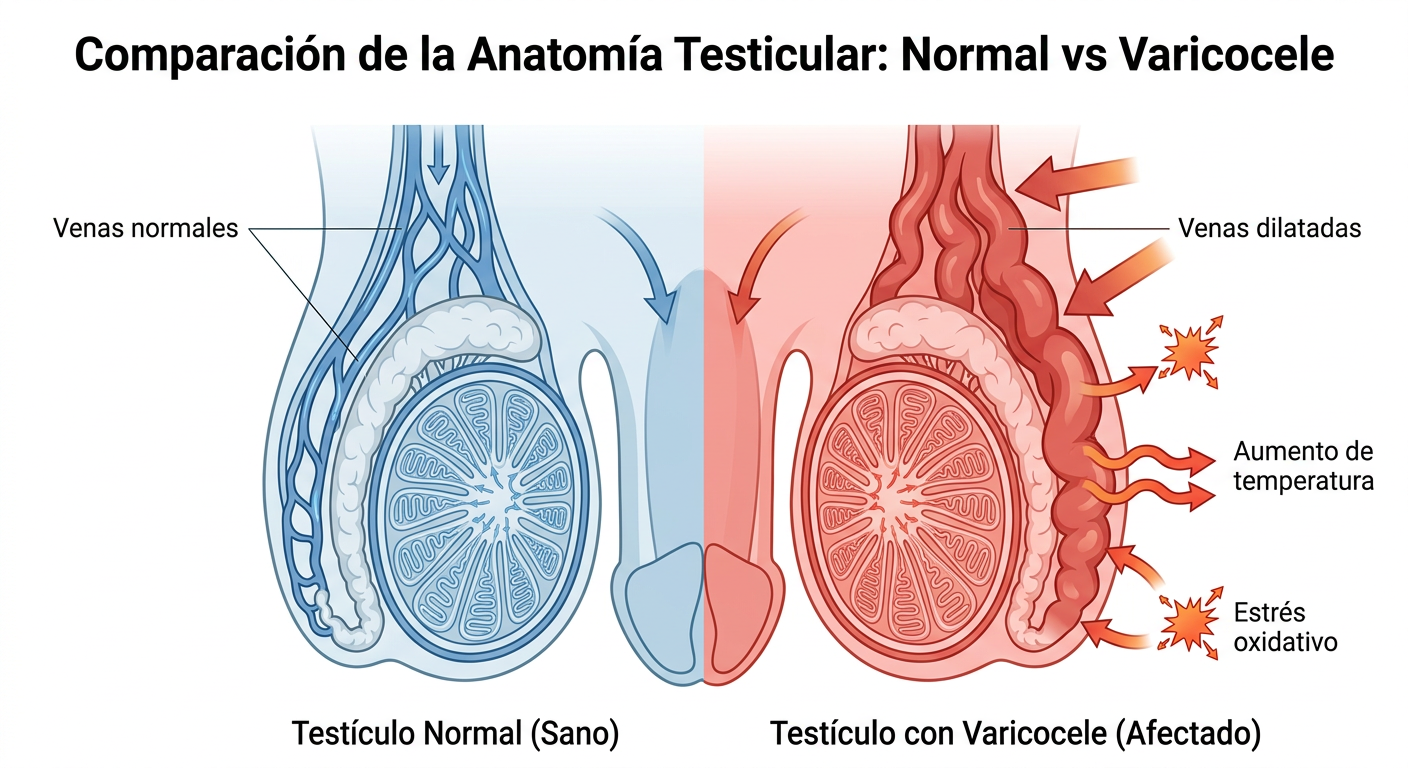Ilustración comparativa del tejido testicular normal frente a tejido afectado por varicocele