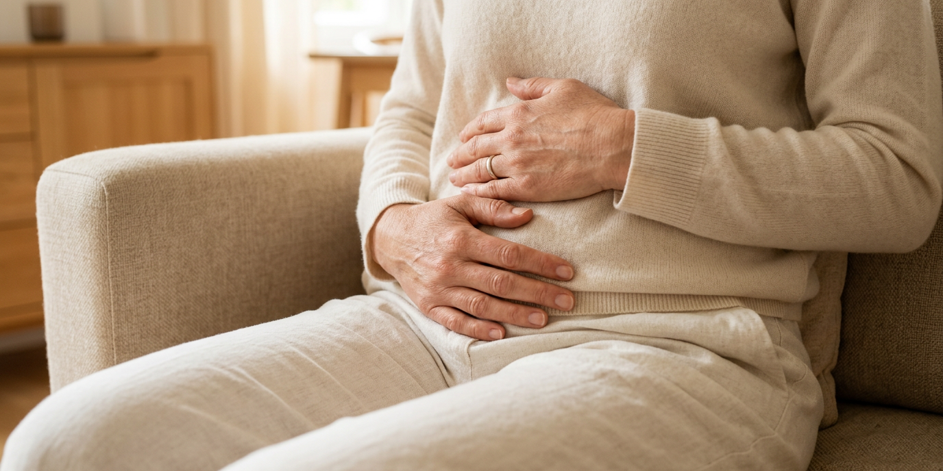 Mujer sentada en la cama mirando un test de embarazo Mujer sentada en la cama mirando un test de embarazo