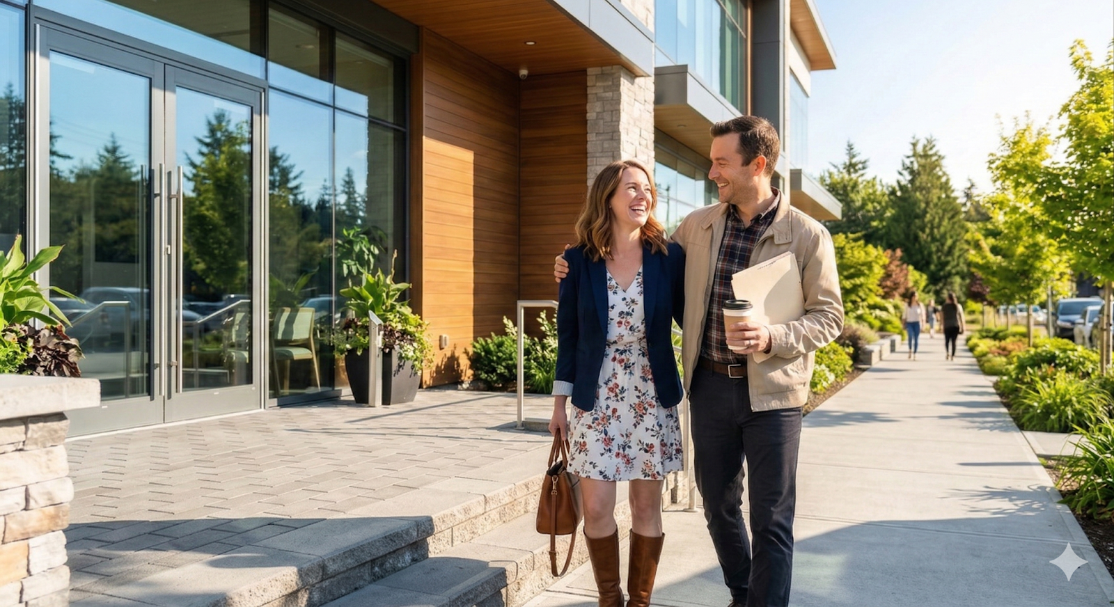 Pareja saliendo de una clínica de fertilidad con expresión de esperanza y alivio